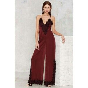 Nasty Gal Burgundy Satin Wide Leg Jumpsuit Lace Trim PTP 16 Open Back XXS Slit